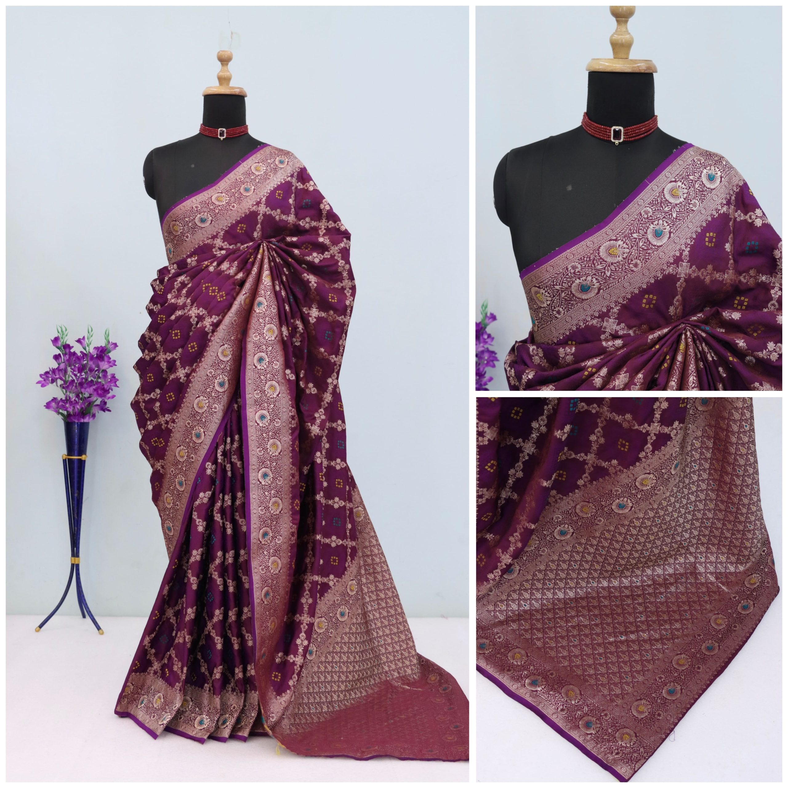 Plum Purple Banarasi Silk Saree with Multicolor Buti