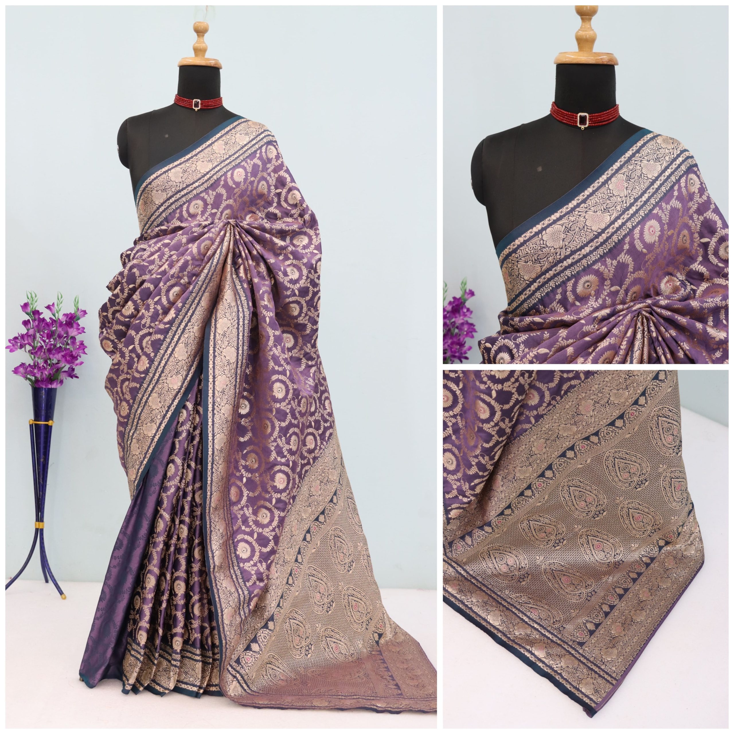 Dusty Purple Banarasi Silk Saree with Blue Border